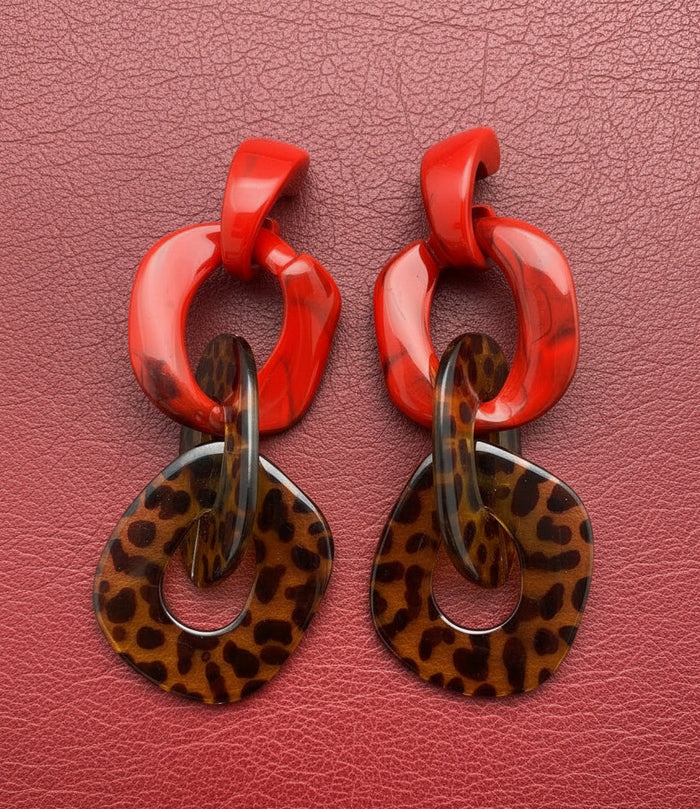 Amanda Bright Designs Red and tortoiseshell leopard print earrings