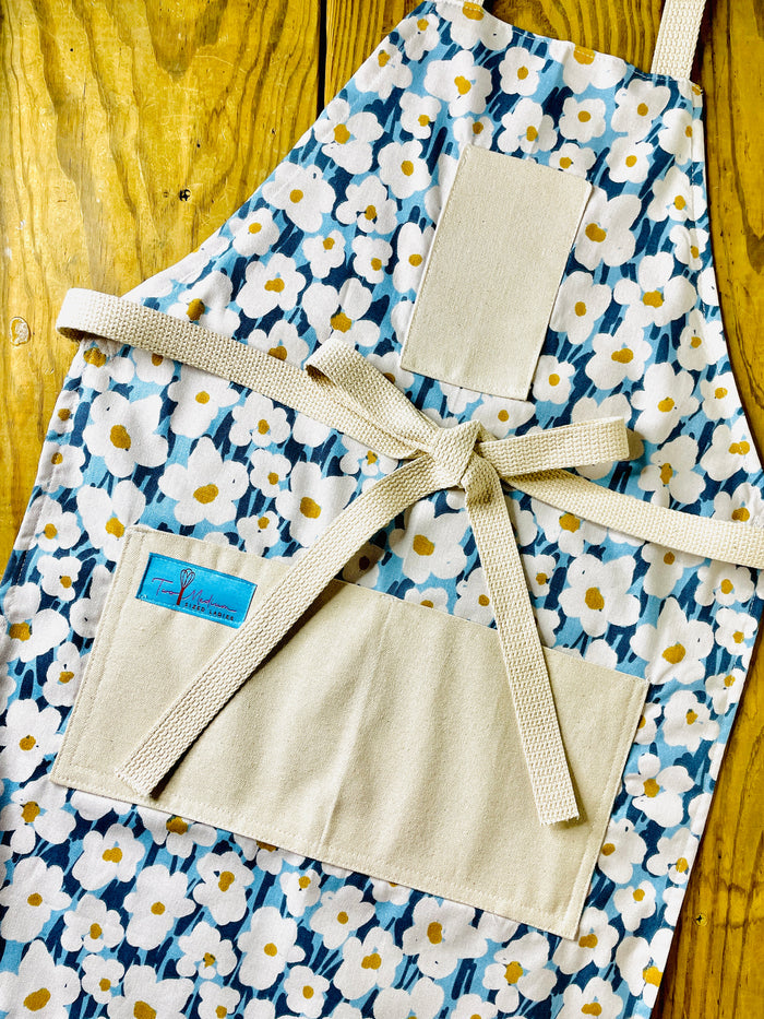 Amanda Bright Designs Bold blue and white flower Apron with Golden Centers summer fall kitchen