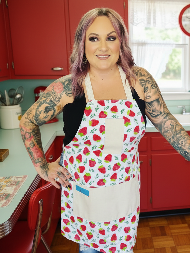 Amanda bright designs strawberry apron in midcentury kitchen