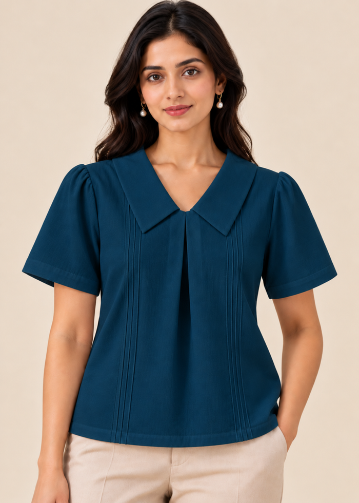 Flurr teal blue Maison Collar Top for women front pose