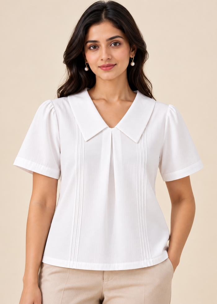 Flurr Maison Collar Top in white with statement collar and pintuck detailing front close-up