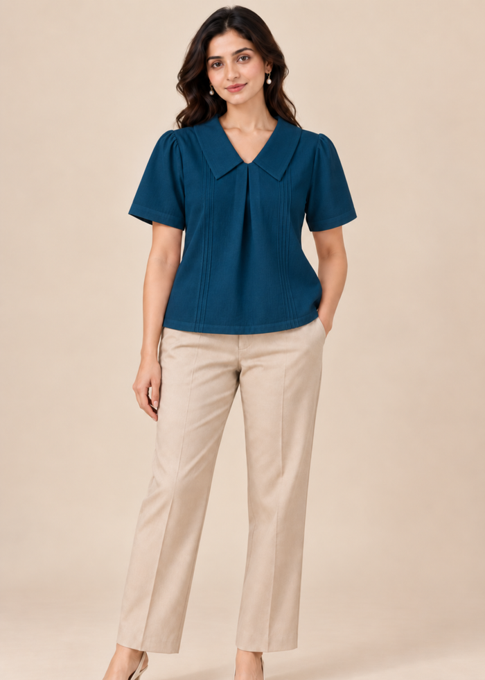Flurr teal blue Maison Collar Top women’s office look