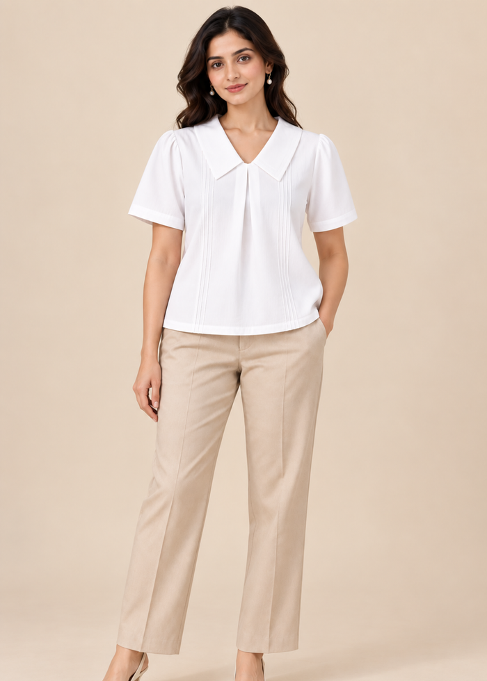 Flurr Maison Collar Top white officewear top with statement collar and short sleeves front lookshot