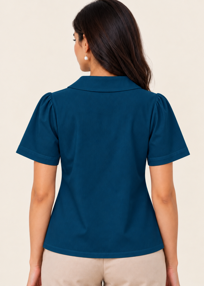 Flurr teal blue Maison Collar Top back view