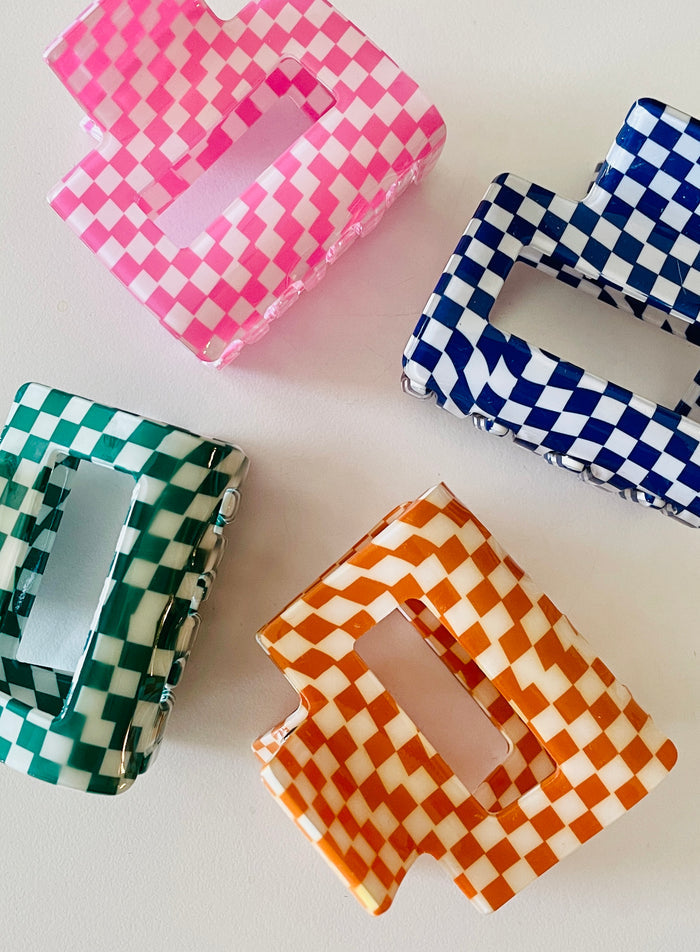 Amanda Bright Designs Four micro checkered hair clips hair claw in pink, blue, green, and orange