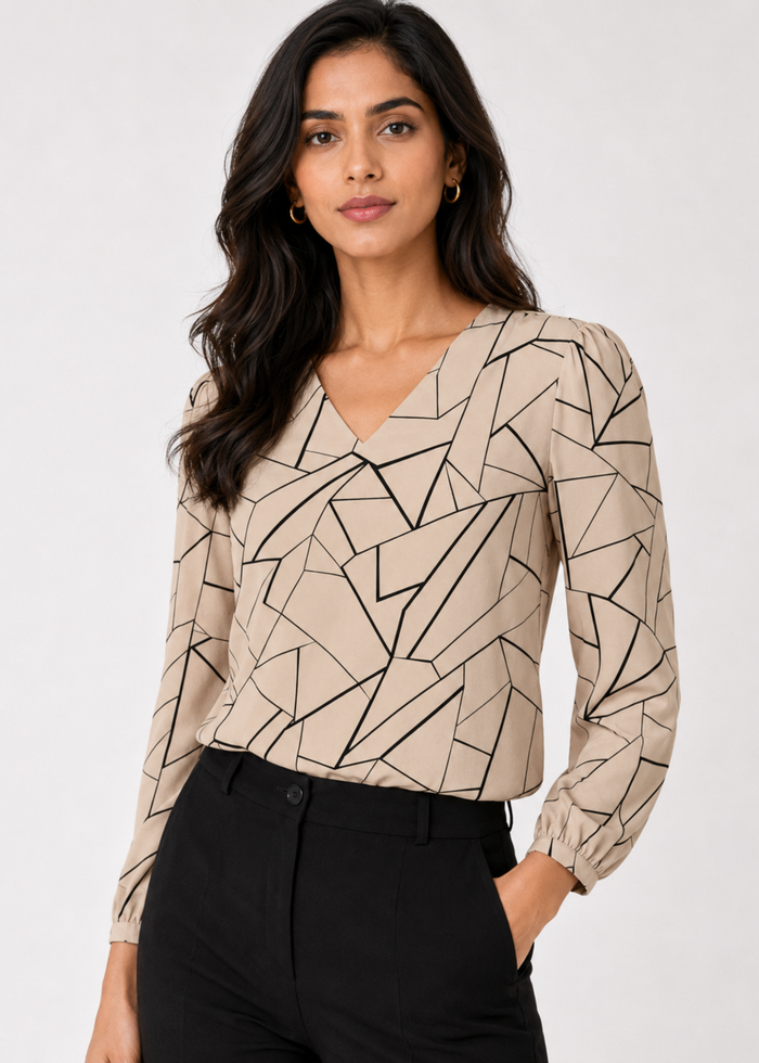 Women's abstract print V-neck work top, beige, full sleeve — Flurr