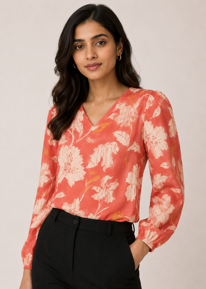Women's coral blossom printed V-neck workwear top with balloon sleeves