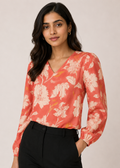 Women's coral blossom printed V-neck workwear top with balloon sleeves