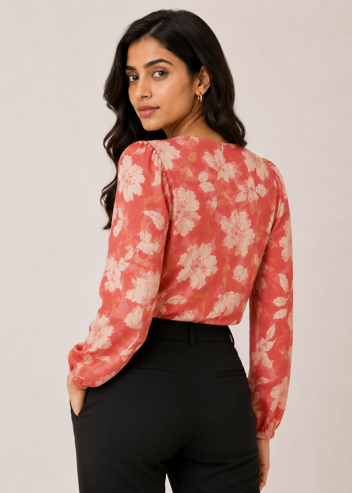 Women's coral blossom printed V-neck workwear top with balloon sleeves