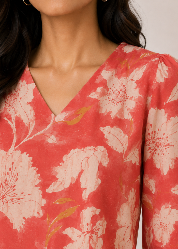 Women's coral blossom printed V-neck workwear top with balloon sleeves
