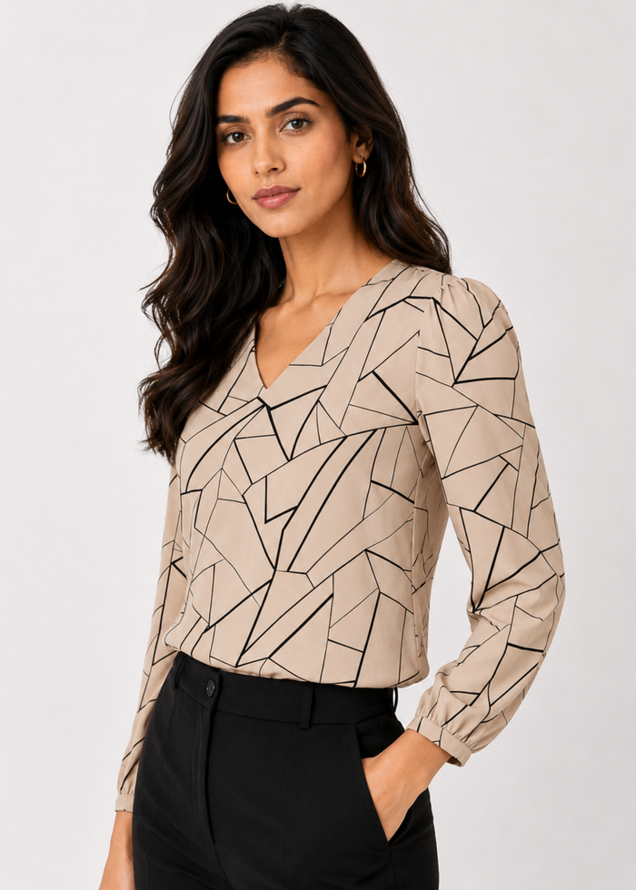 Women's abstract print V-neck work top, beige, full sleeve — Flurr