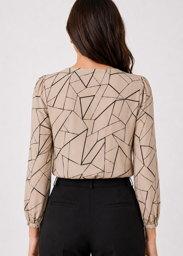 Women's abstract print V-neck work top, beige, full sleeve — Flurr