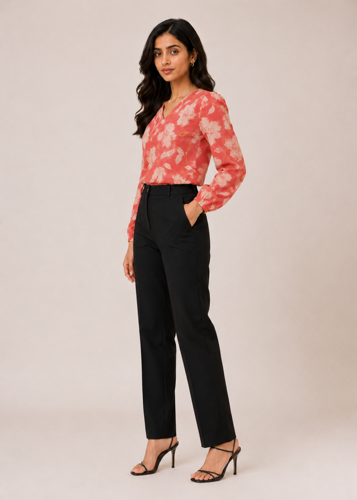 Women's coral blossom printed V-neck workwear top with balloon sleeves