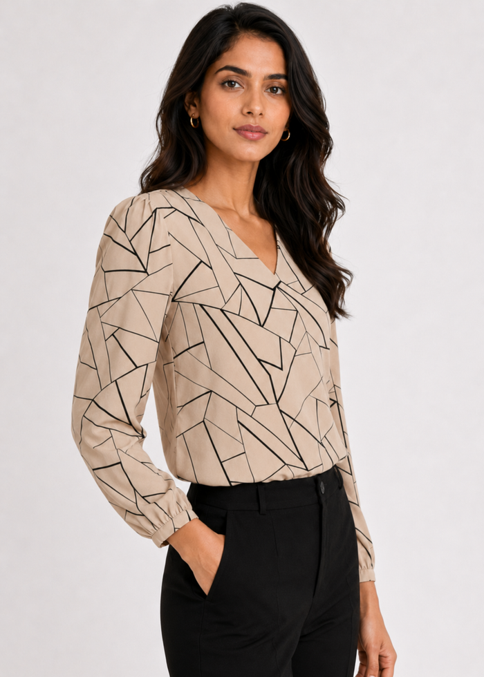 Women's abstract print V-neck work top, beige, full sleeve — Flurr
