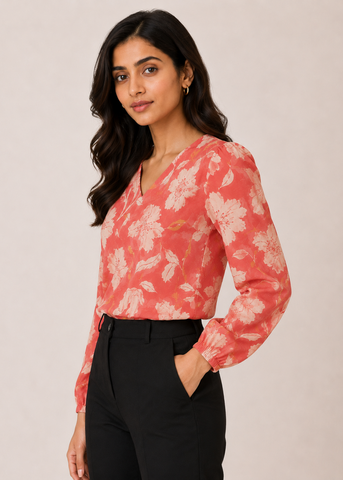Women's coral blossom printed V-neck workwear top with balloon sleeves