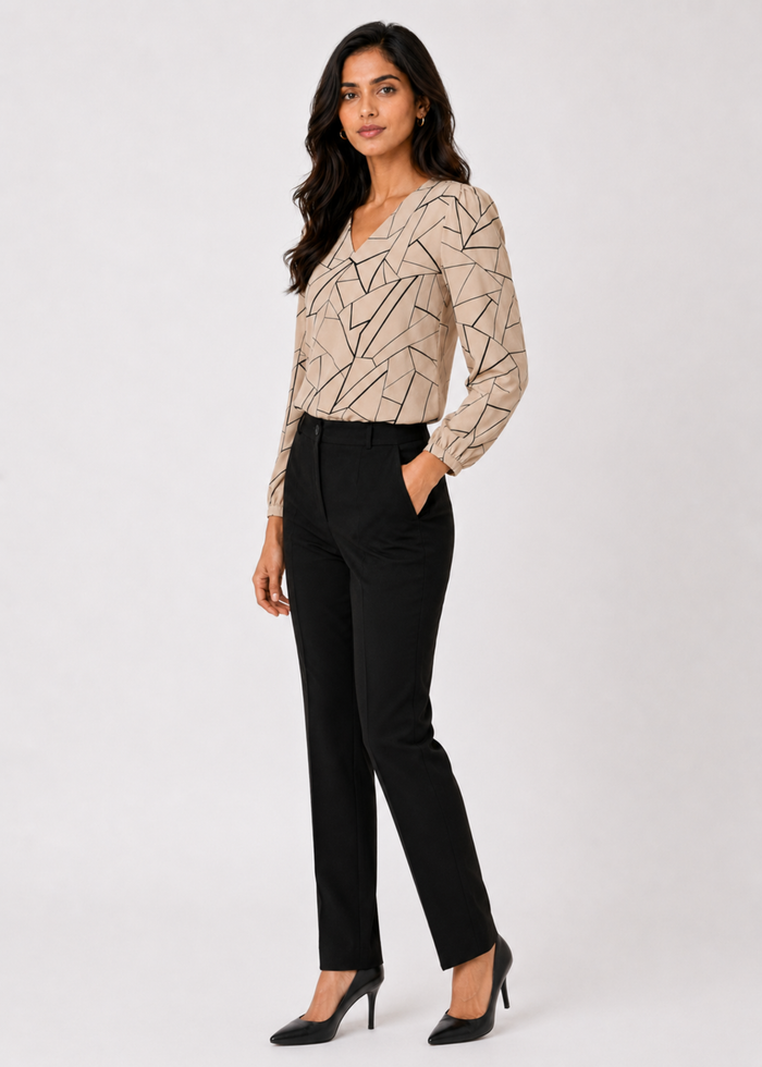 Women's abstract print V-neck work top, beige, full sleeve — Flurr