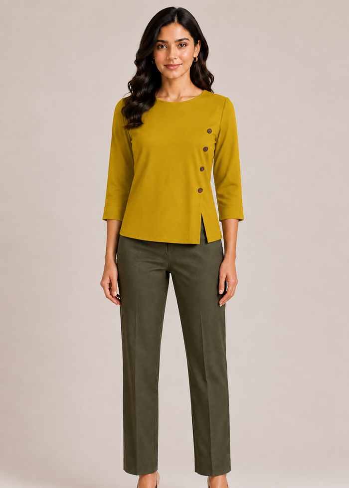 Flurr Mira asymmetric top in mustard – front view