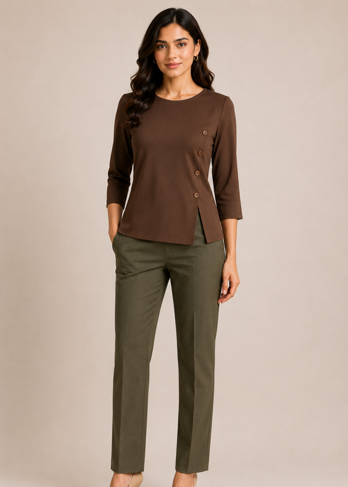 Flurr brown Mira asymmetrical top for women front view, modern officewear style