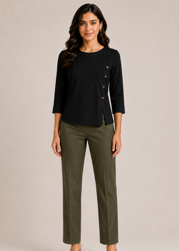 Flurr black Mira asymmetrical top for women front view, modern officewear top