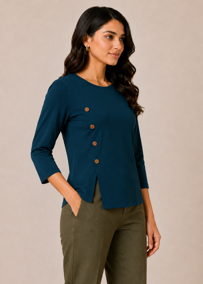 Flurr teal blue asymmetric top right side view for women’s officewear