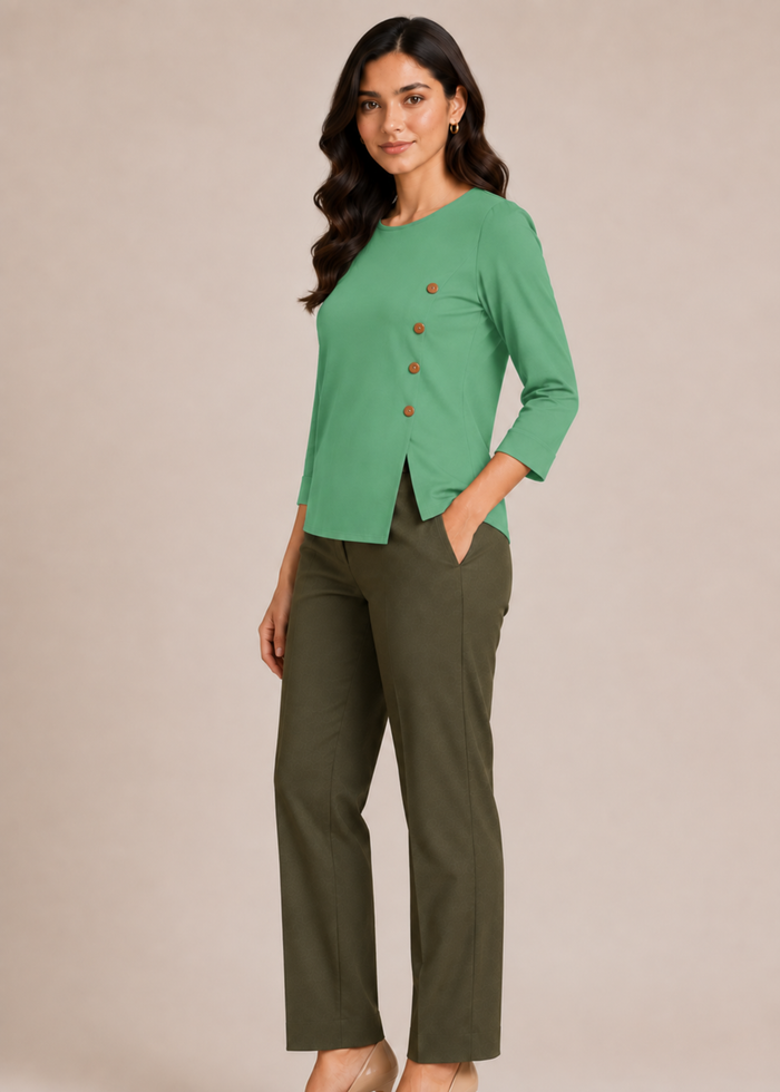 Flurr Mira asymmetric top in green – left side view