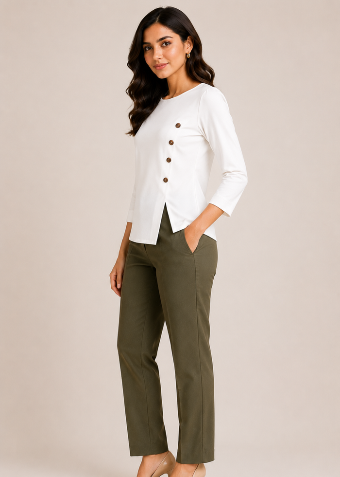 Flurr Mira asymmetric top for women in left side view, showing the asymmetric silhouette and 3/4 sleeves