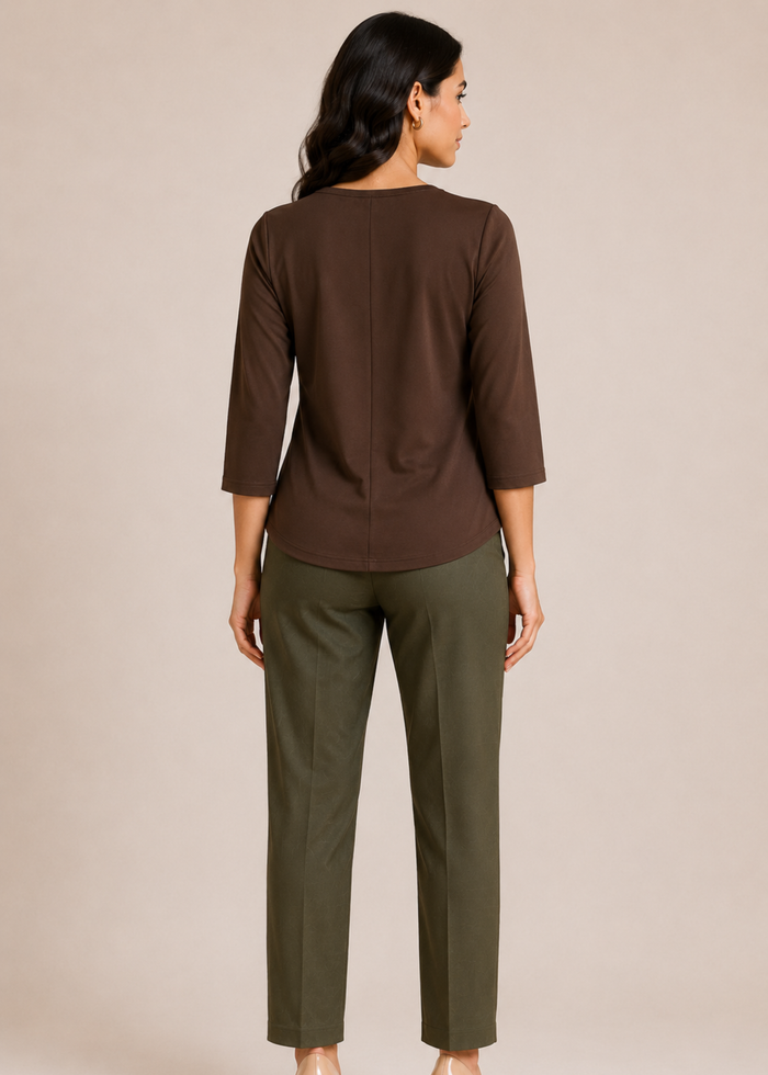 Flurr brown Mira asymmetrical top for women back view, contemporary workwear style