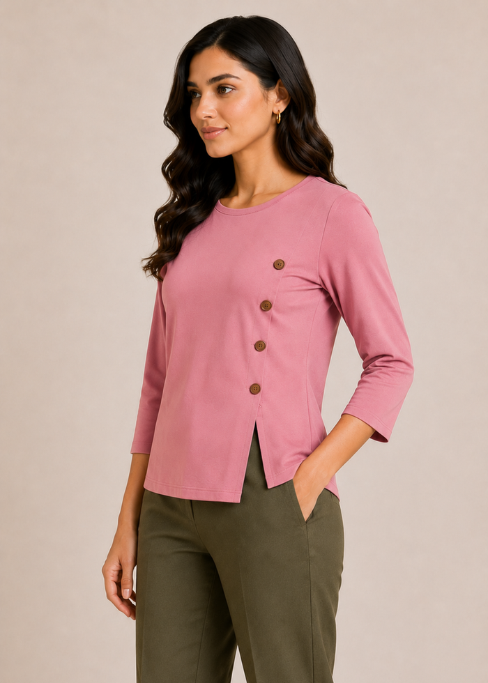 Flurr pink Mira asymmetrical top for women left side view, asymmetrical hem detail
