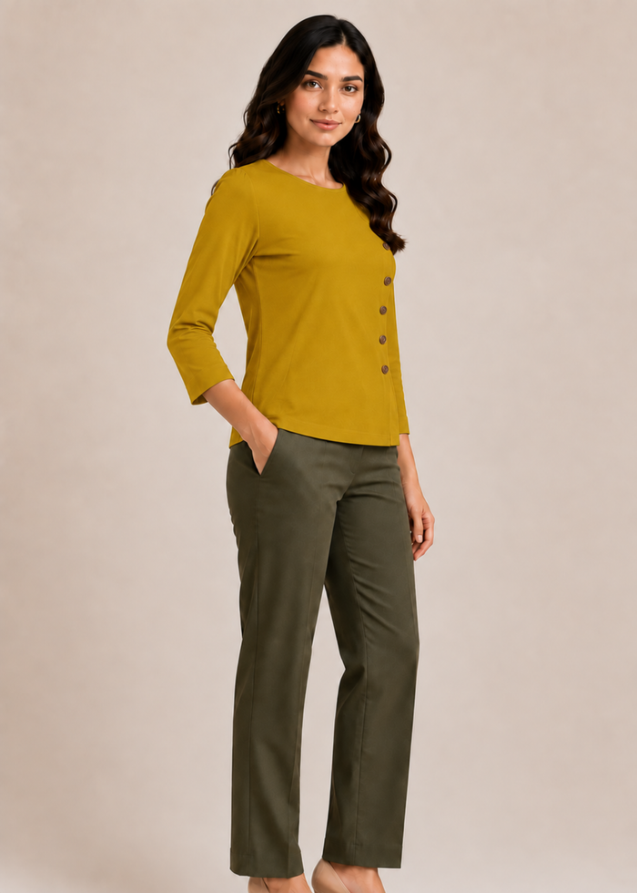 Flurr Mira asymmetric top in mustard – right side view