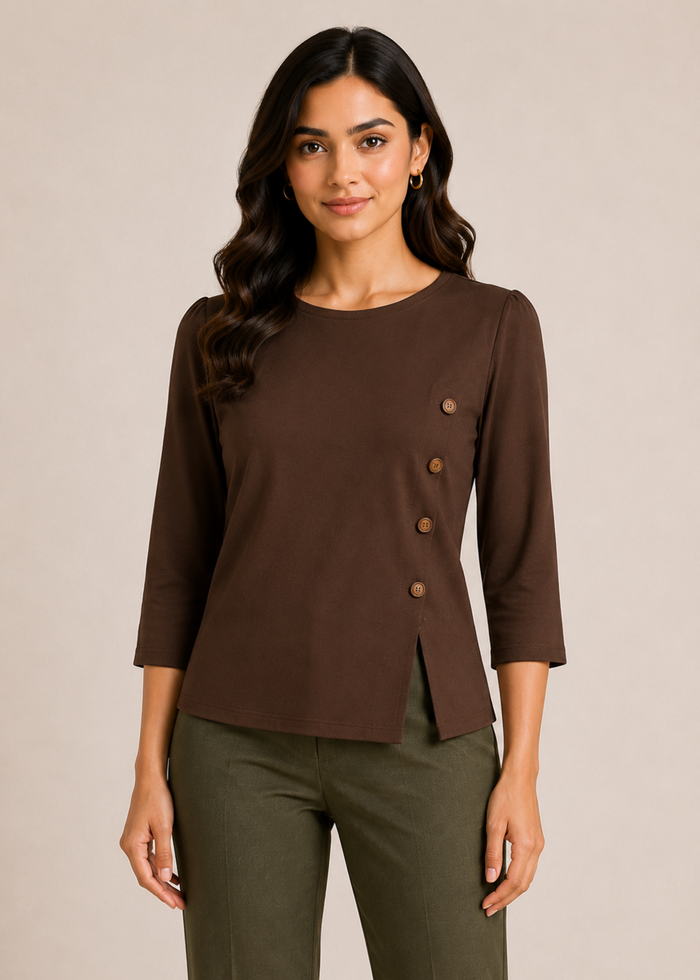 Flurr brown Mira asymmetrical top close up, cotton fabric and asymmetrical design detail