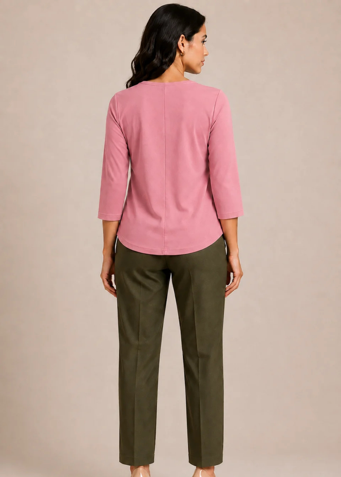 Flurr pink Mira asymmetrical top for women back view, contemporary workwear style
