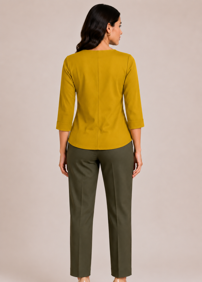 Flurr Mira asymmetric top in mustard, back view