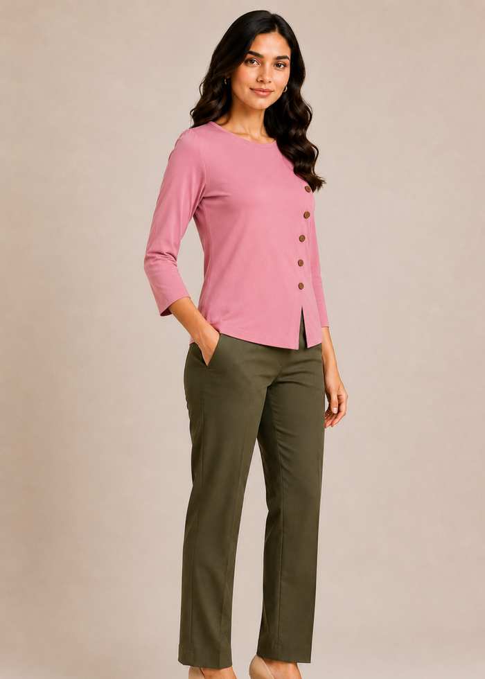 Flurr pink Mira asymmetrical top for women right side view, structured officewear silhouette