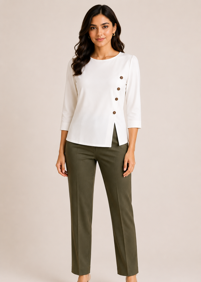 Flurr Mira asymmetric top for women in front view, modern officewear top with 3/4 sleeves and asymmetric hem