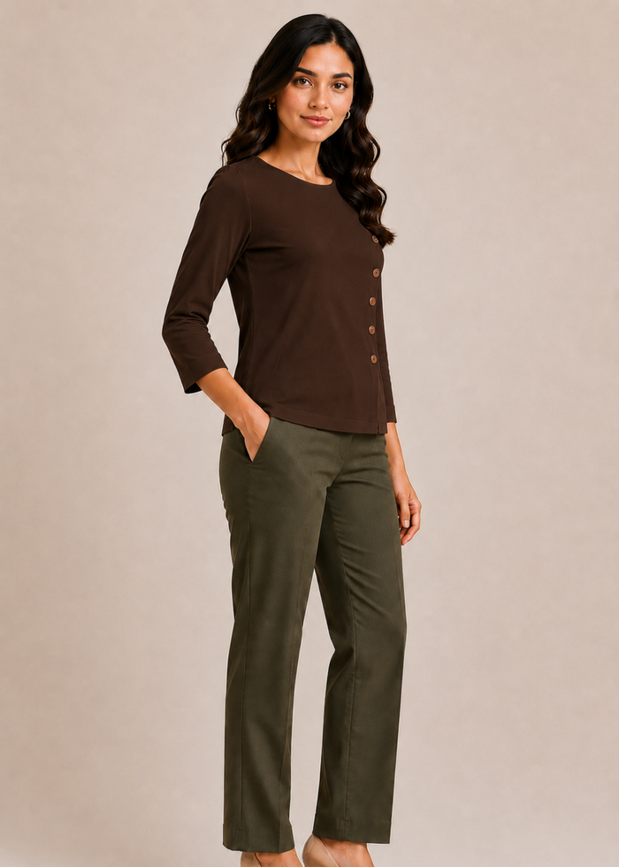 Flurr brown Mira asymmetrical top for women right side view, asymmetrical hem detail