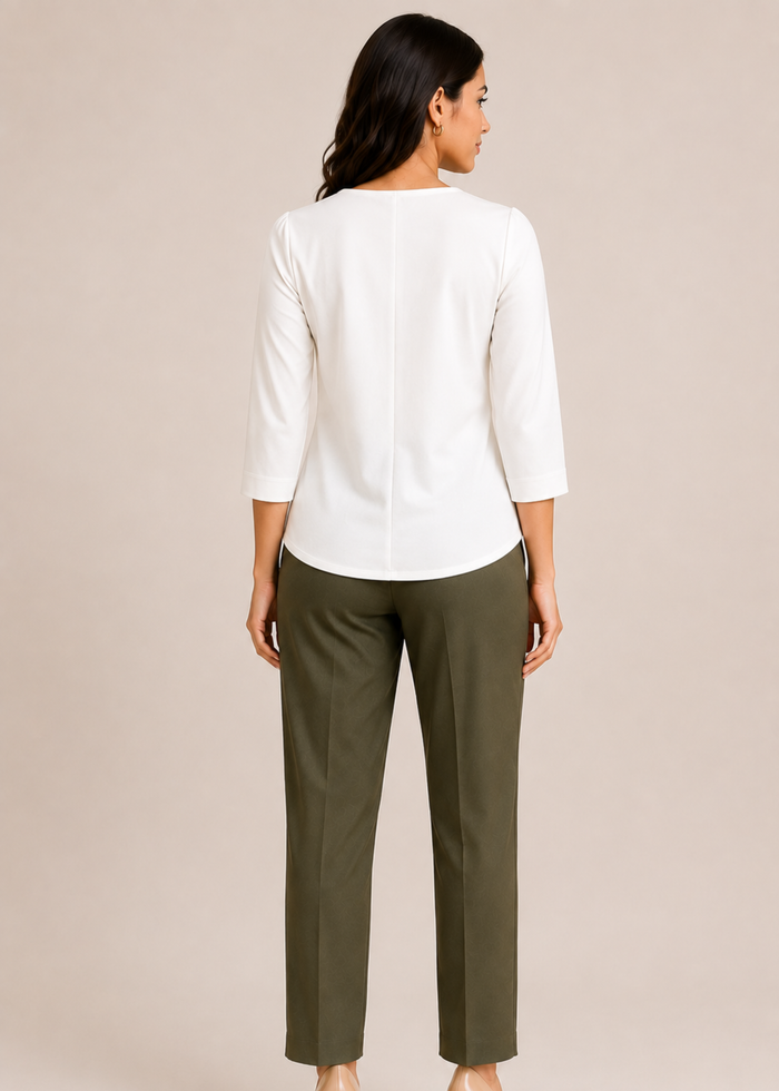 Flurr Mira asymmetric top for women in back view, contemporary officewear top with 3/4 sleeves