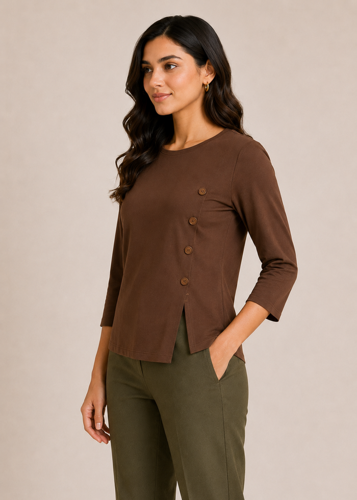 Flurr brown Mira asymmetrical top for women left side view, asymmetrical hem detail