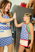 Amanda Bright Designs American Mommy & Me Apron Set Adult Children's American Stars and Stripes Apron Pattern for BBQ cooking baking family time together red stars blue background USA