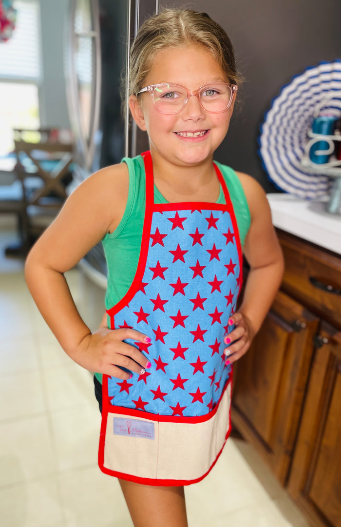 childrens apron Americana BBQ Cooking Baking red stars blue background American flag style USA
