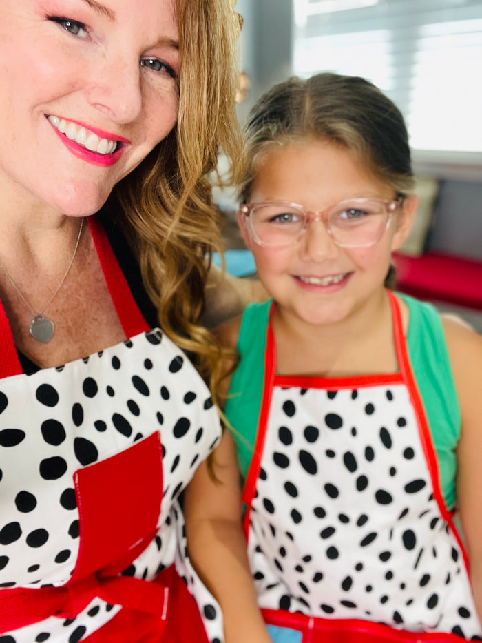 Amanda Bright Designs Dalmatian Print Mommy & Me Apron Set Children's Adult White with Black Spots Red Trim and Red Apron Strings Made in Texas