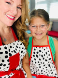 Amanda Bright Designs Dalmatian Print Mommy & Me Apron Set Children's Adult White with Black Spots Red Trim and Red Apron Strings Made in Texas