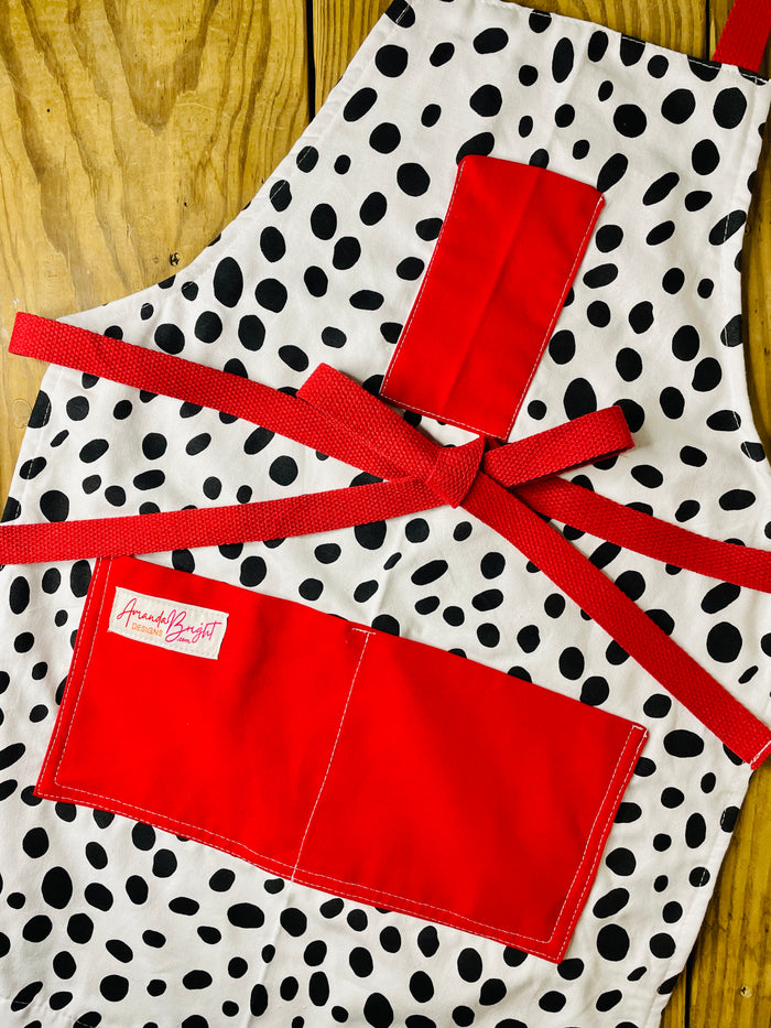 Amanda Bright Designs Dalmatian Print Mommy & Me Apron Set Children's Adult White with Black Spots Red Trim and Red Apron Strings Made in Texas