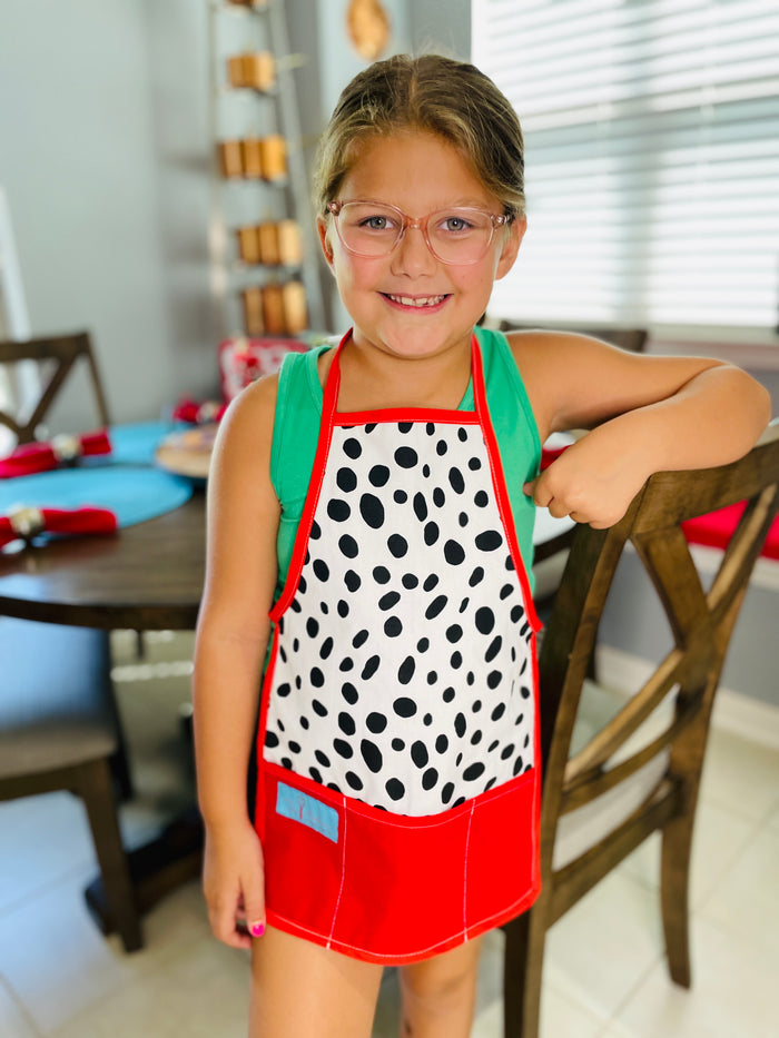 Amanda Bright Designs Dalmatian Print Children's Apron part of Mommy & Me Apron Set for baking cooking time together in the kitchen