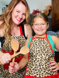 Amanda Bright Designs Leopard Mommy & Me Apron Set Adult Children's Kids matching aprons for baking cooking family time in the kitchen
