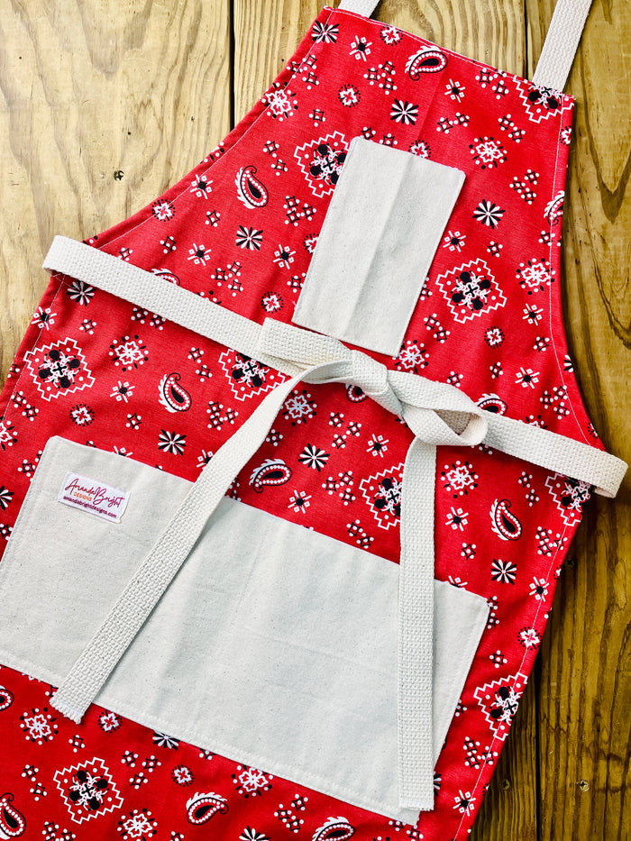 Amanda Bright Designs Montana Red Bandana Print horse lover western  print apron with webbed cotton strings and canvas pockets
