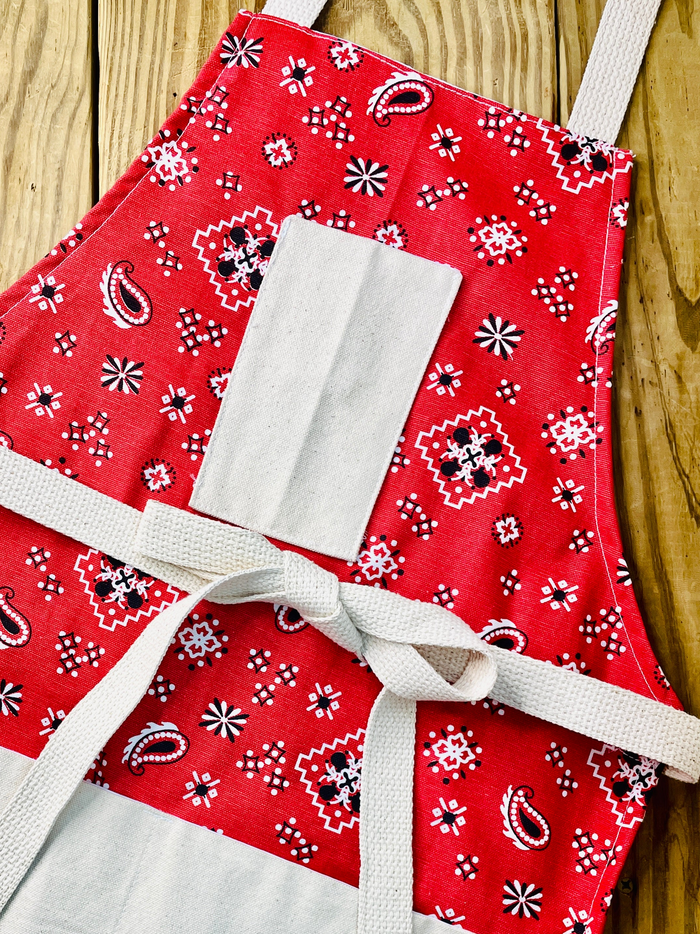 Amanda Bright Designs red banana print apron closeup