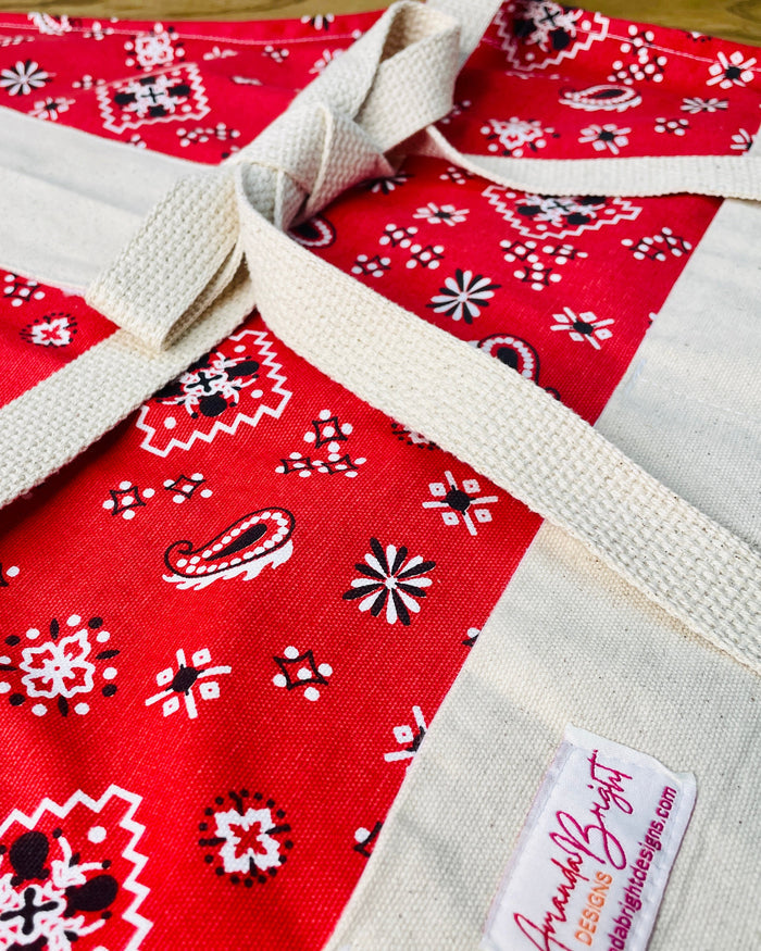 Amanda Bright Designs Montana Red Bandana Print horse lover western  print apron with webbed cotton strings and canvas pockets