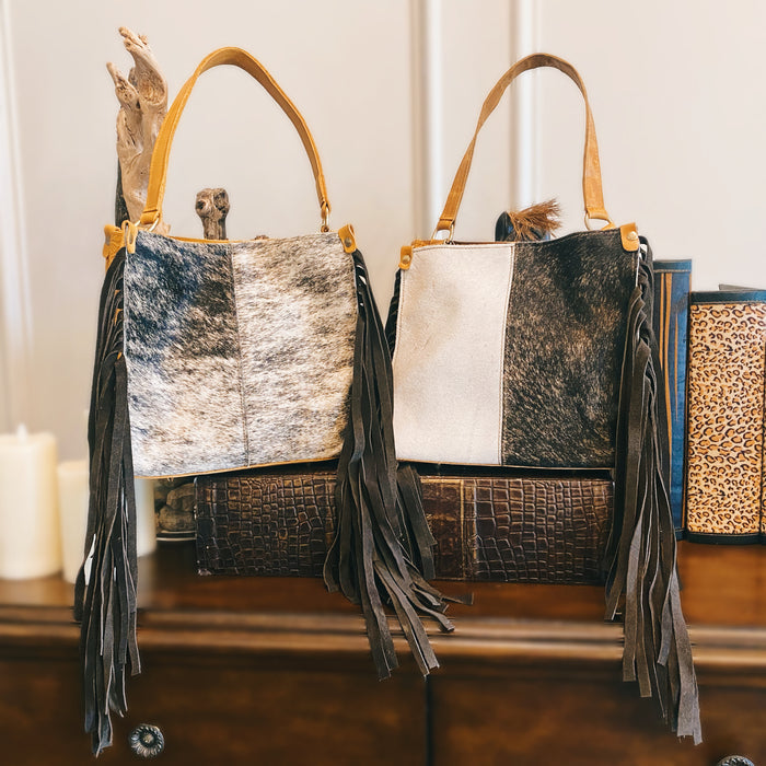 Outlaw Duotone Cowhide Fringe Crossbody Tote