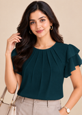 Flurr teal blue Pearl Pleat Top with flutter sleeves front close-up