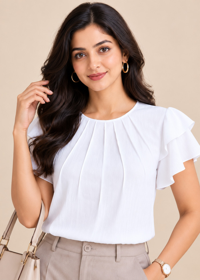 Flurr Pearl Pleat Top in white front view